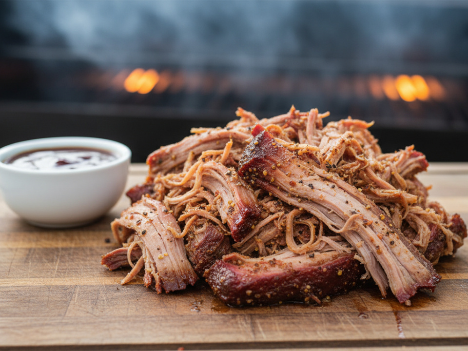 Pulled Pork mit Barbecuesauce auf Holzschneidebrett