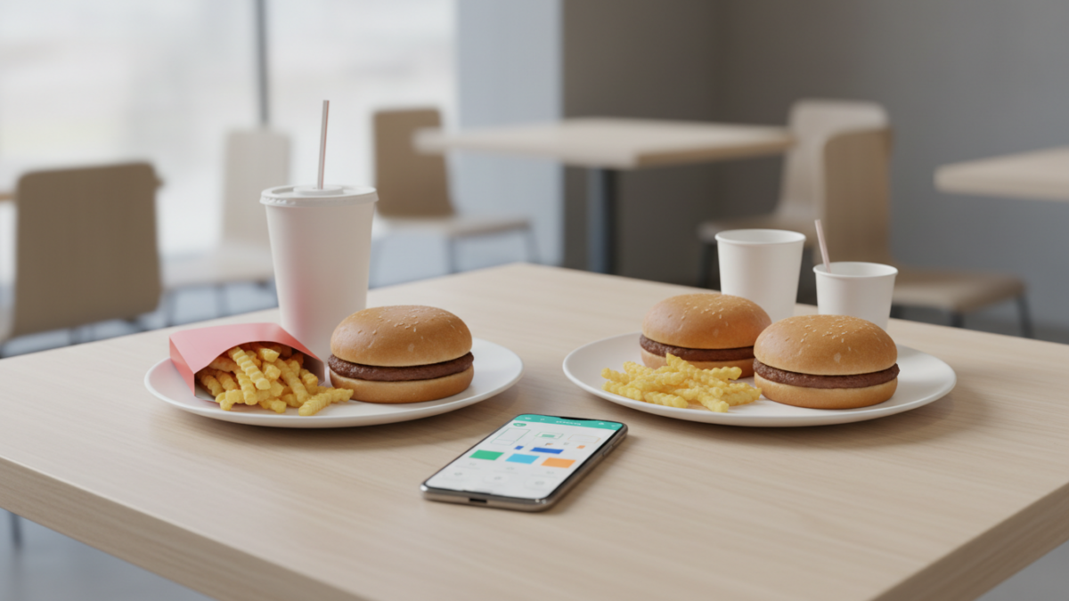Fast food meal with burgers, fries, drinks, and smartphone on table.