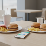 Fast food meal with burgers, fries, drinks, and smartphone on table.