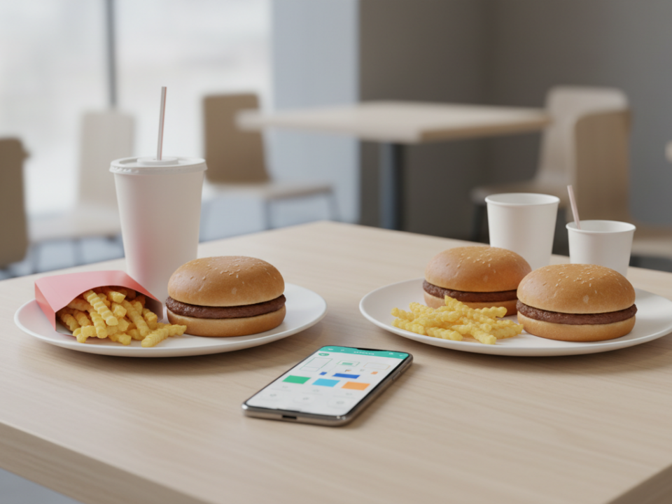 Fast food meal with burgers, fries, drinks, and smartphone on table.