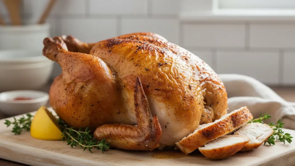 Roasted chicken with lemon and herbs on wooden board.