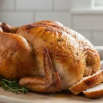 Roasted chicken with lemon and herbs on wooden board.