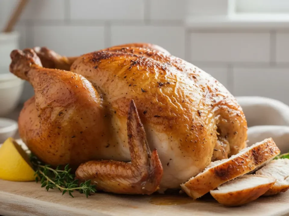 Roasted chicken with lemon and herbs on wooden board.