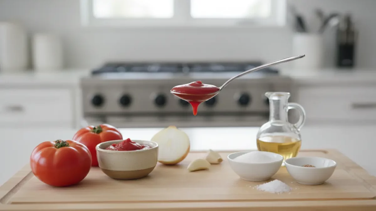 Löffel mit roter Tomatensoße über Schneidebrett in Küche