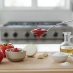 Löffel mit roter Tomatensoße über Schneidebrett in Küche