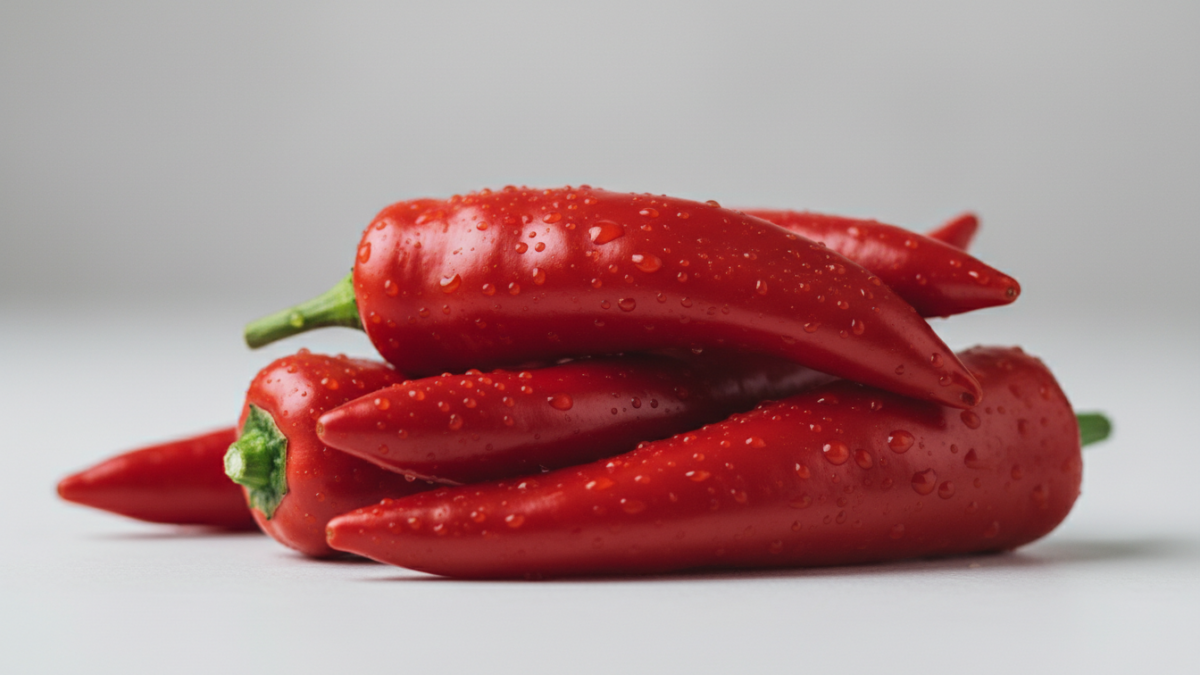 Rote Chilischoten mit Wassertropfen auf weißer Unterlage.