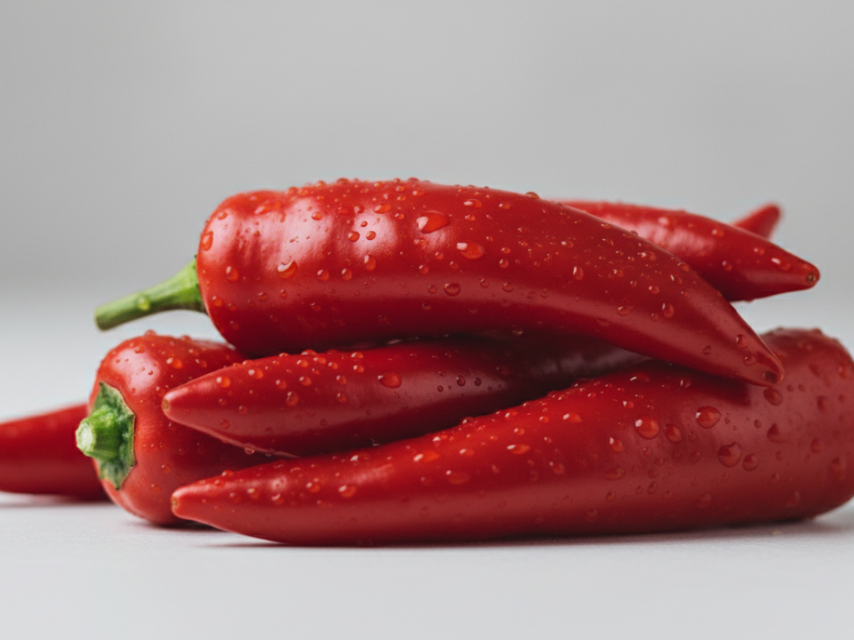 Rote Chilischoten mit Wassertropfen auf weißer Unterlage.