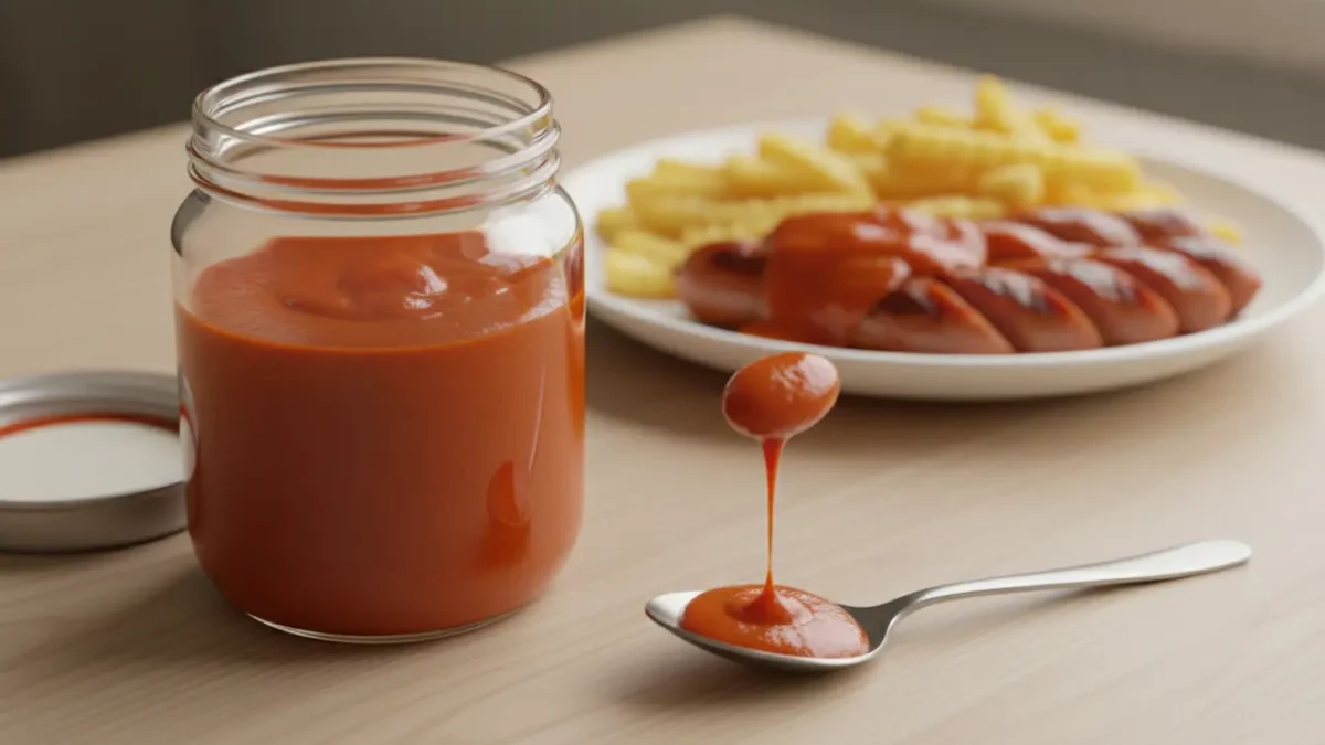 Jar of ketchup with fries and sausages on plate.