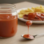 Jar of ketchup with fries and sausages on plate.
