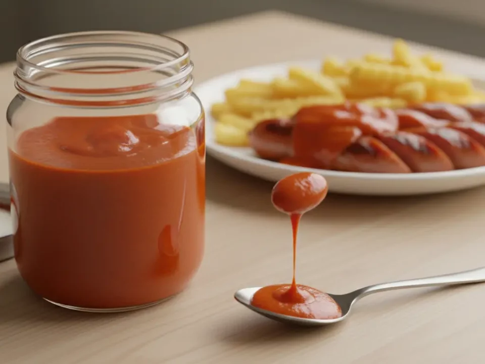 Jar of ketchup with fries and sausages on plate.
