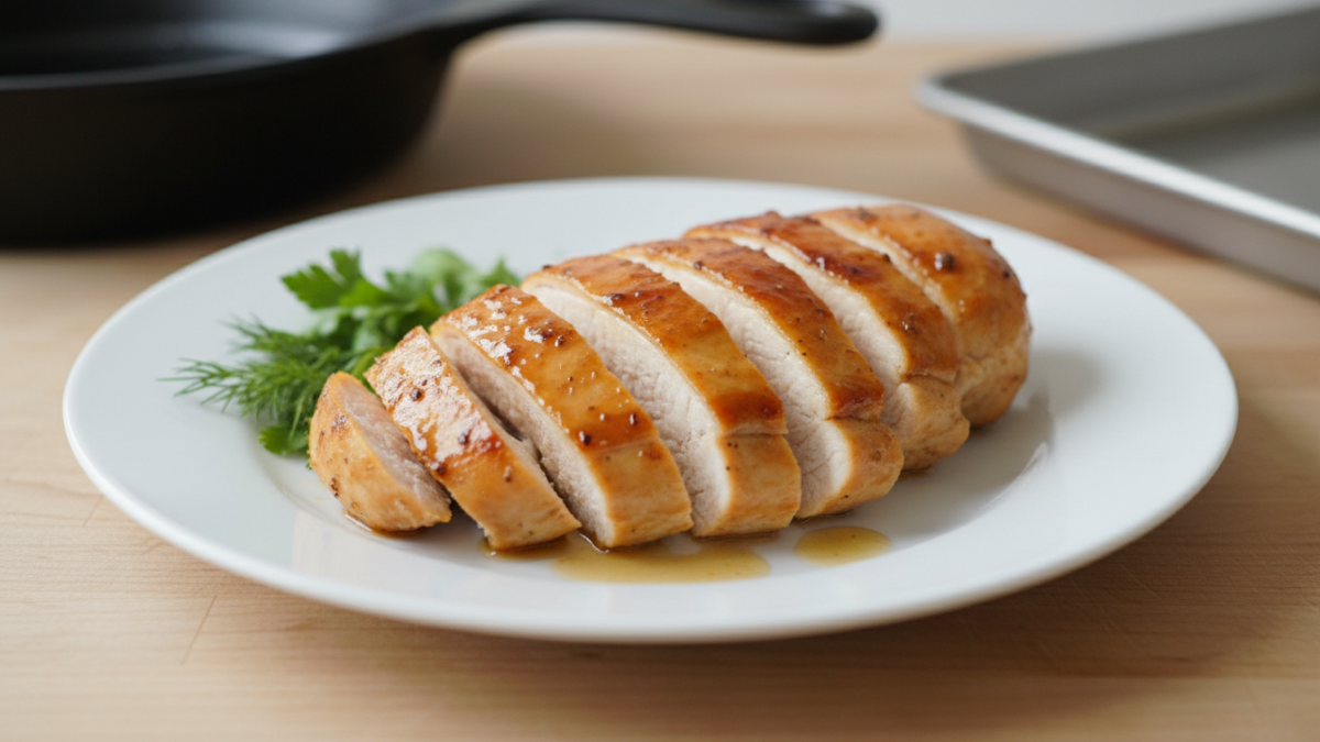 Sliced grilled chicken breast with herbs on white plate.