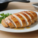 Sliced grilled chicken breast with herbs on white plate.