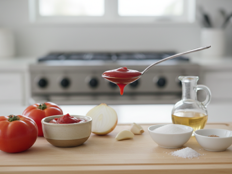 Frische Tomaten, Zwiebel, Knoblauch und Öl auf Schneidebrett