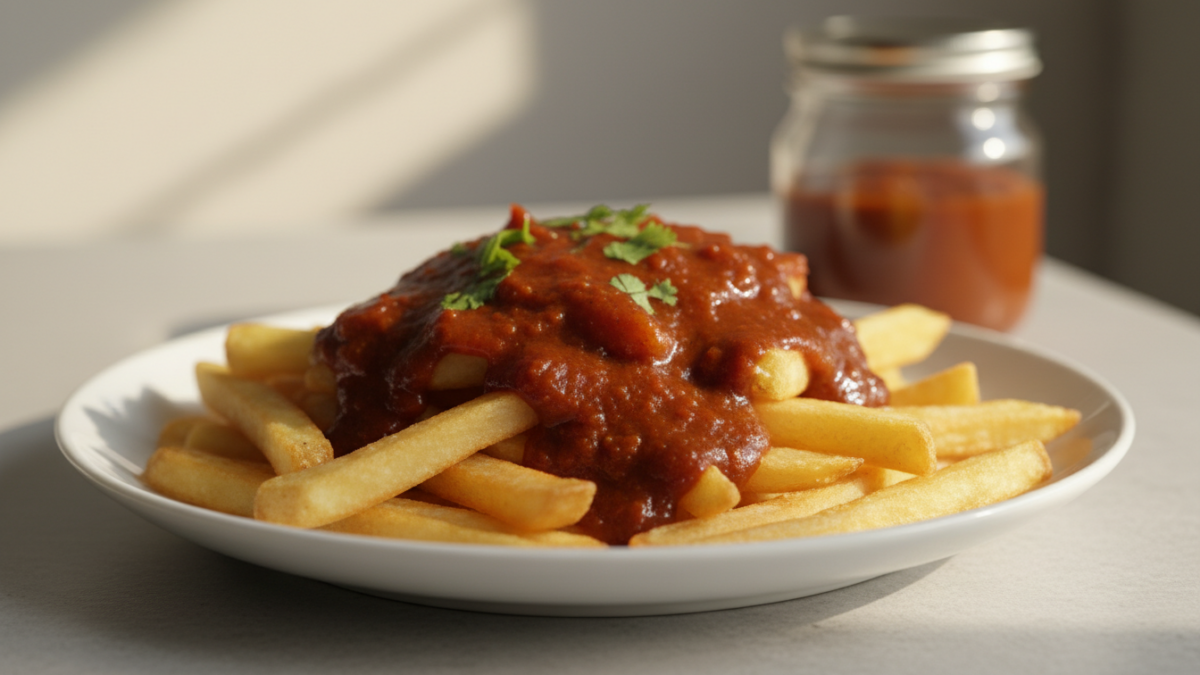 Pommes Frites mit roter Fleischsoße; Hintergrund Gläser.