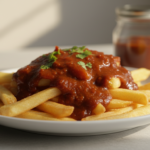 Pommes Frites mit roter Fleischsoße; Hintergrund Gläser.