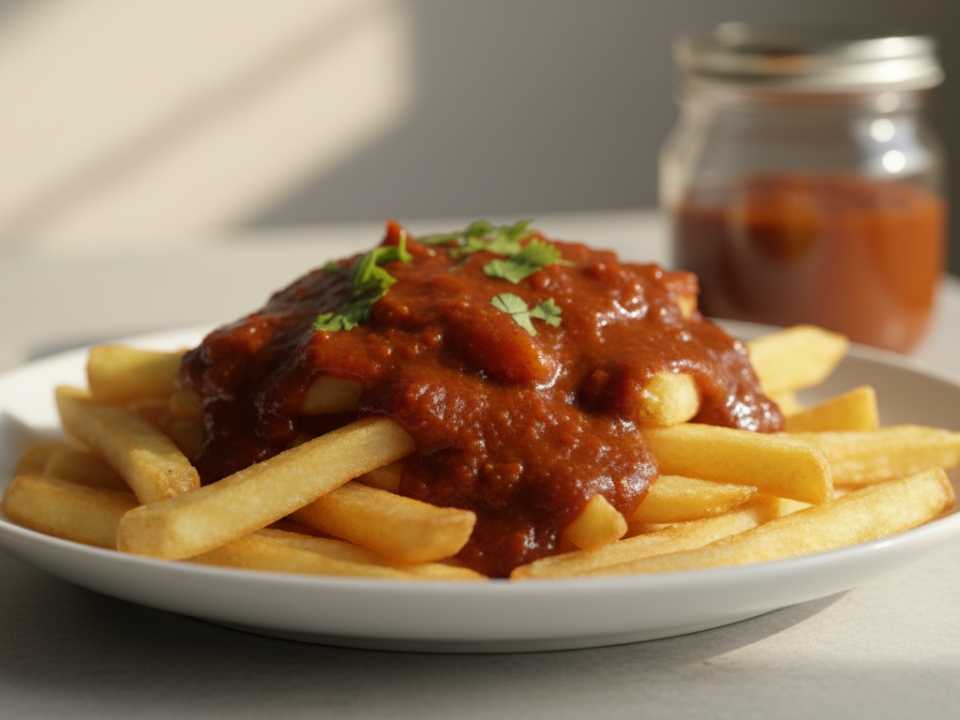 Pommes Frites mit roter Fleischsoße; Hintergrund Gläser.