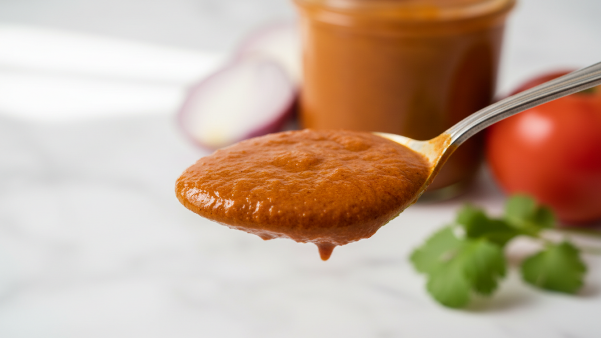 Spoonful of rich tomato sauce with fresh ingredients.