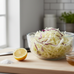 Shredded cabbage salad with lemon, salt, and honey on cutting board.