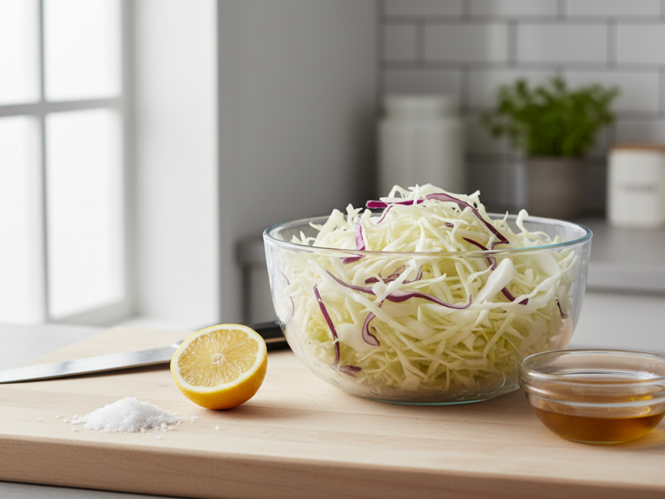 Shredded cabbage salad with lemon, salt, and honey on cutting board.