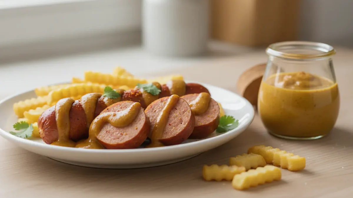 Würstchen mit Senfsoße und Pommes auf Teller.