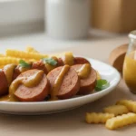 Würstchen mit Senfsoße und Pommes auf Teller.