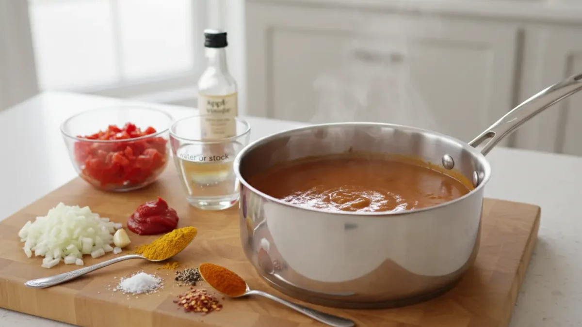 Steaming pot of tomato soup with spices and ingredients.