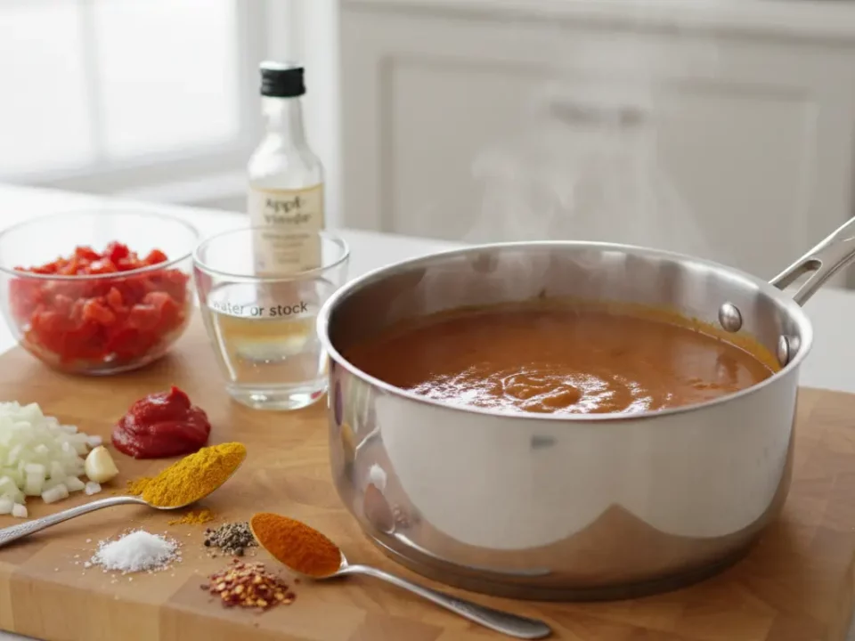Steaming pot of tomato soup with spices and ingredients.