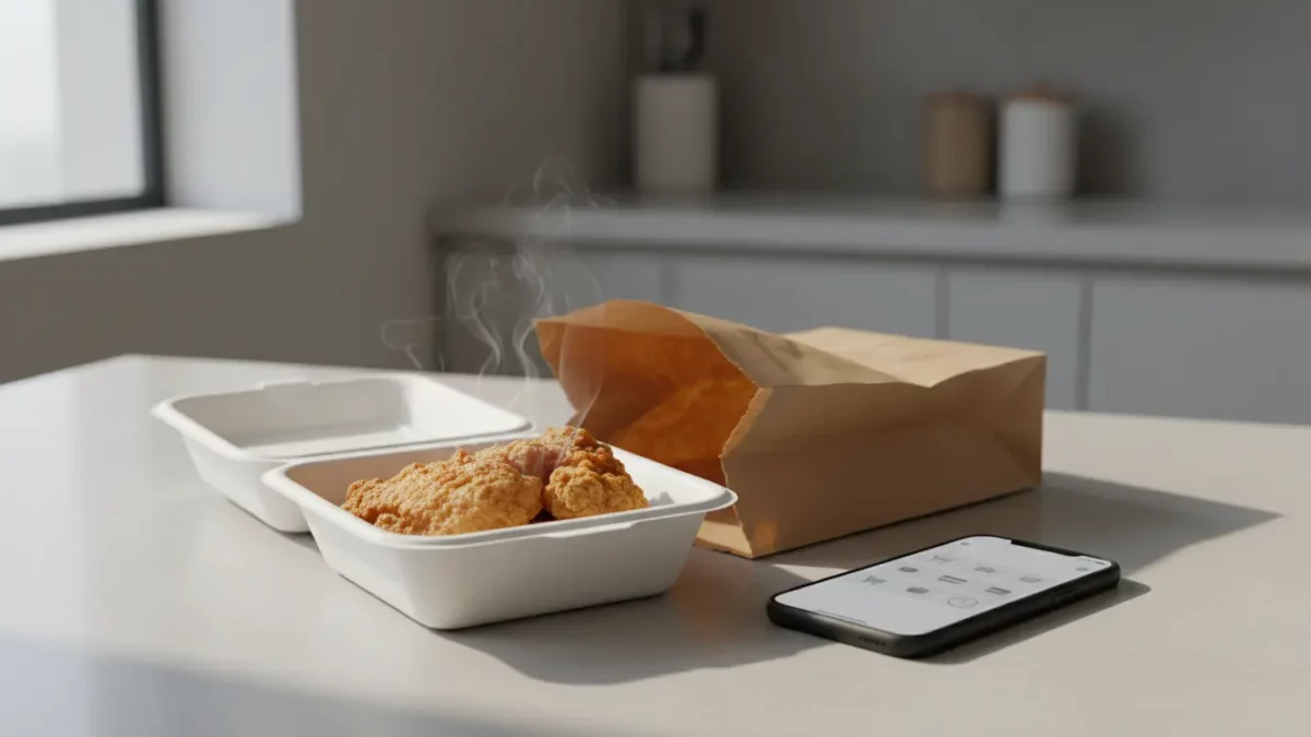 Takeout fried chicken with smartphone on kitchen counter.