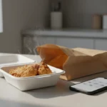 Takeout fried chicken with smartphone on kitchen counter.