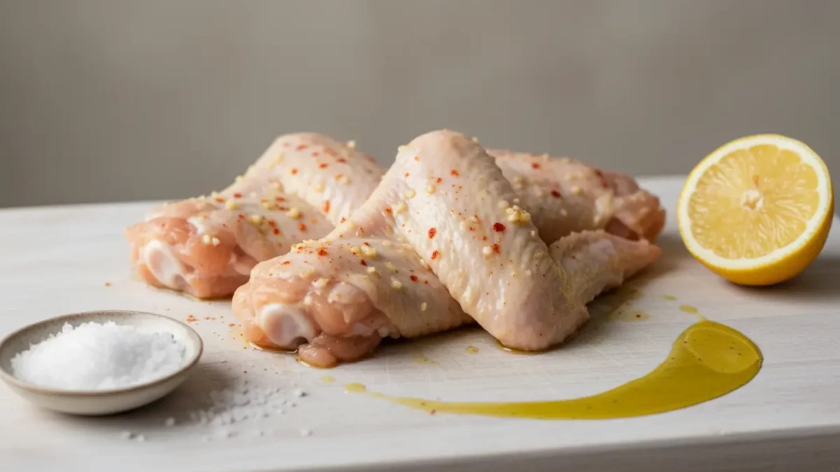 Hähnchenflügel mit Zitronenhälfte, Öl und Salz