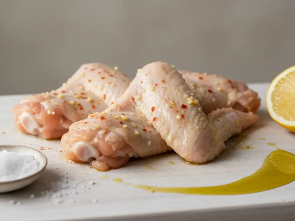 Hähnchenflügel mit Zitronenhälfte, Öl und Salz