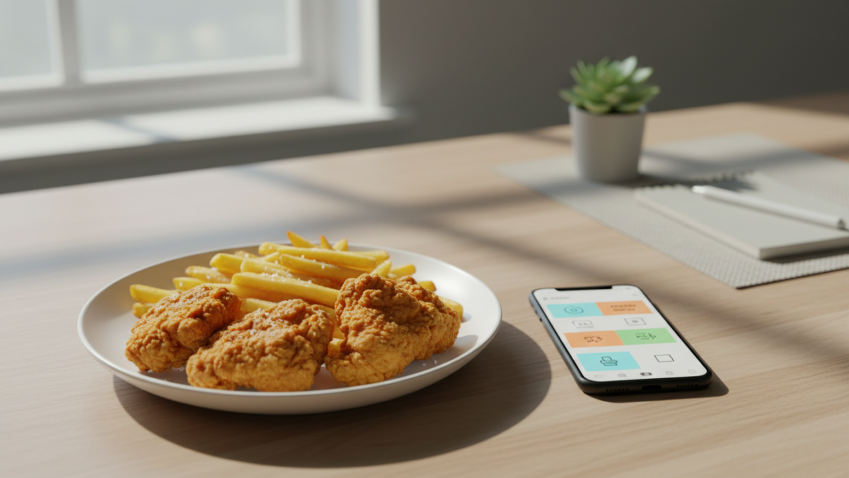 Plate of fried chicken and fries beside smartphone.