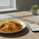 Plate of fried chicken and fries beside smartphone.