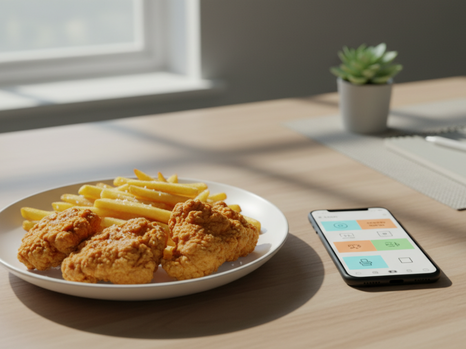 Plate of fried chicken and fries beside smartphone.