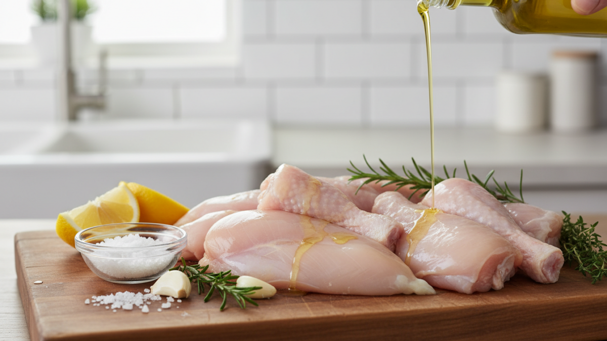 Raw chicken with olive oil, lemon, rosemary, and garlic.