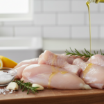 Raw chicken with olive oil, lemon, rosemary, and garlic.