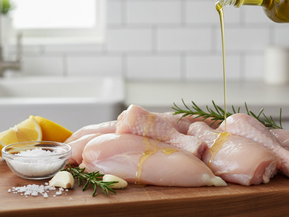 Raw chicken with olive oil, lemon, rosemary, and garlic.