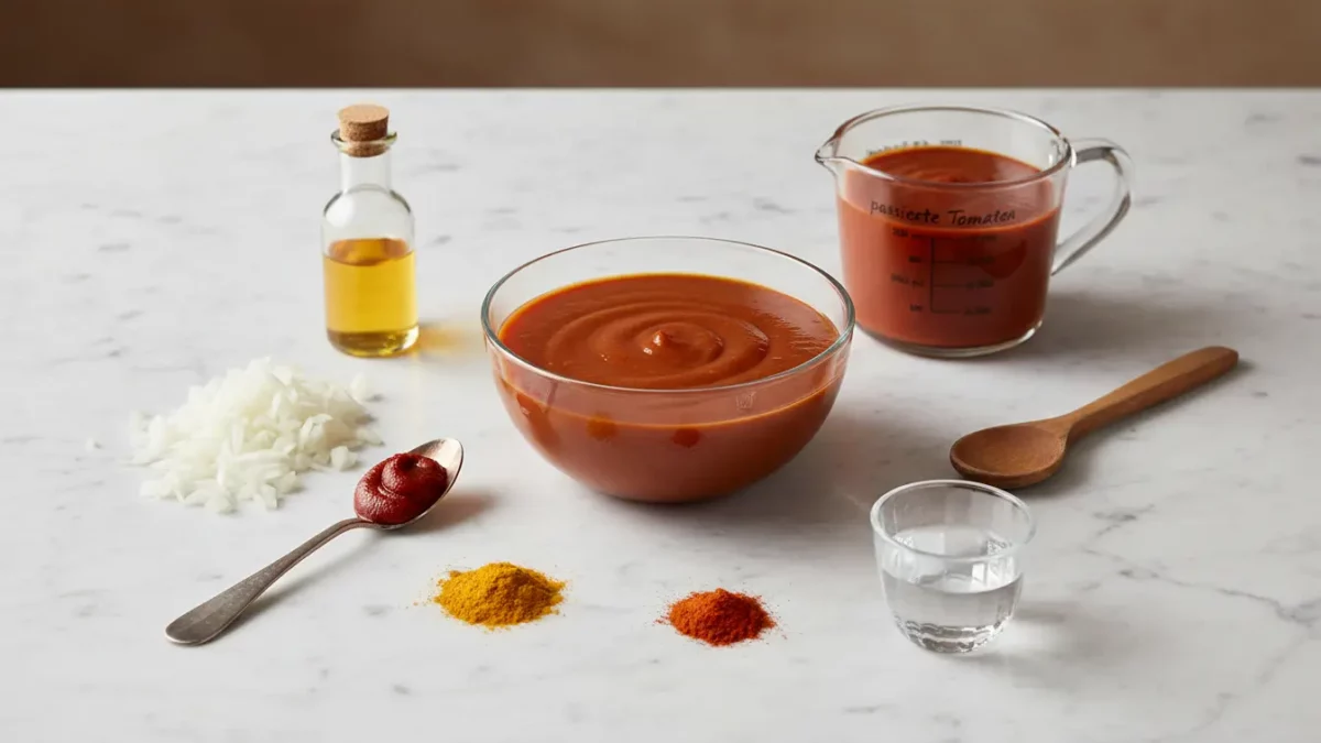 Tomatensauce-Vorbereitung: Zwiebeln, Öl, Gewürze und Löffel.