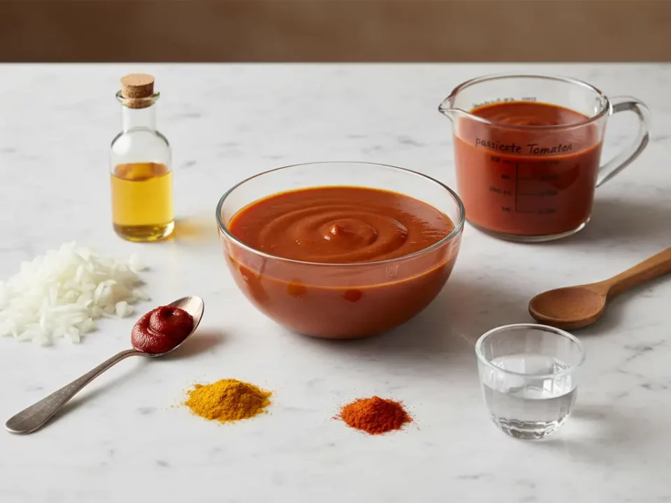 Tomatensauce-Vorbereitung: Zwiebeln, Öl, Gewürze und Löffel.
