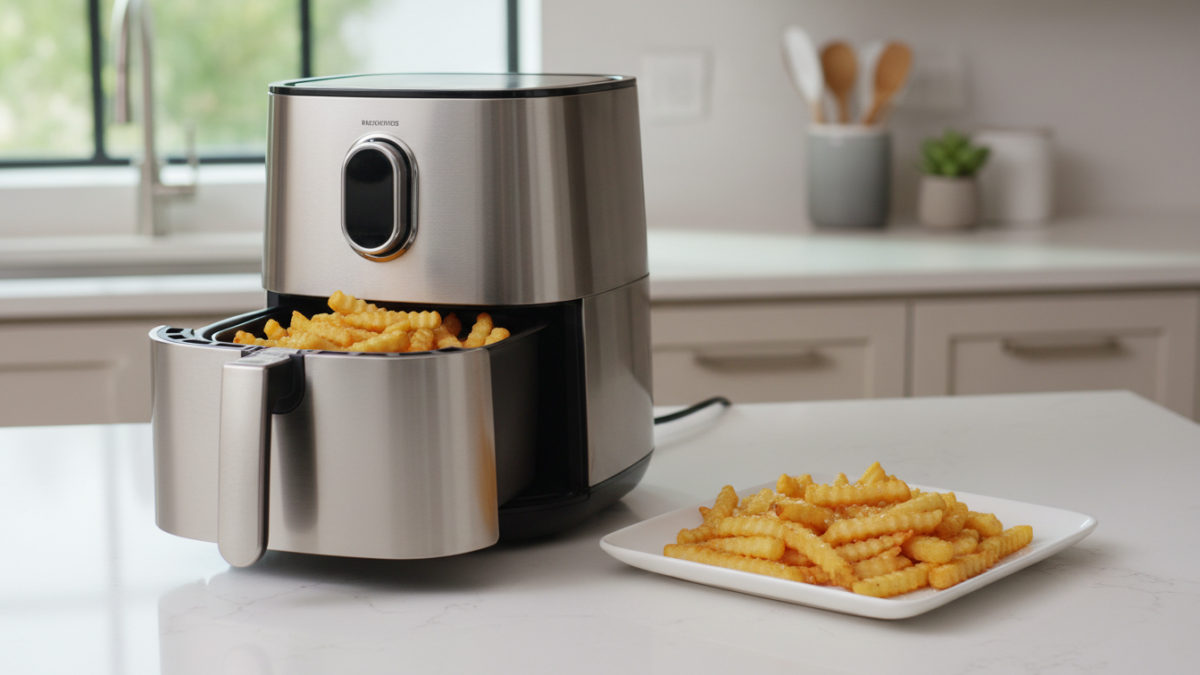 Stainless steel air fryer with crispy fries on counter.