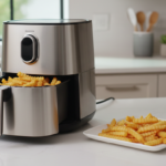 Stainless steel air fryer with crispy fries on counter.