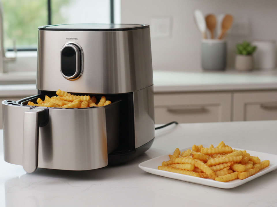 Stainless steel air fryer with crispy fries on counter.