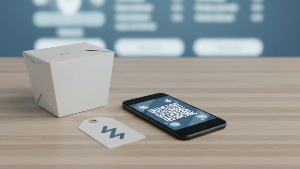 Smartphone with QR code beside takeout box on table.