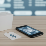 Smartphone with QR code beside takeout box on table.