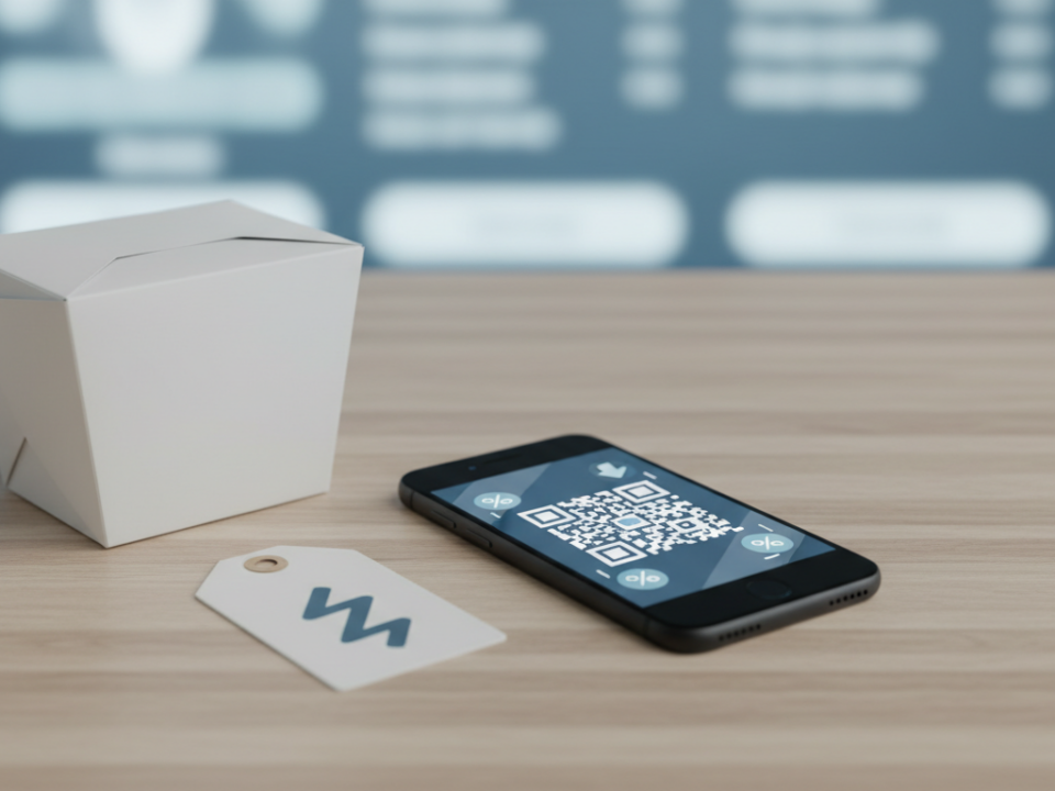 Smartphone with QR code beside takeout box on table.