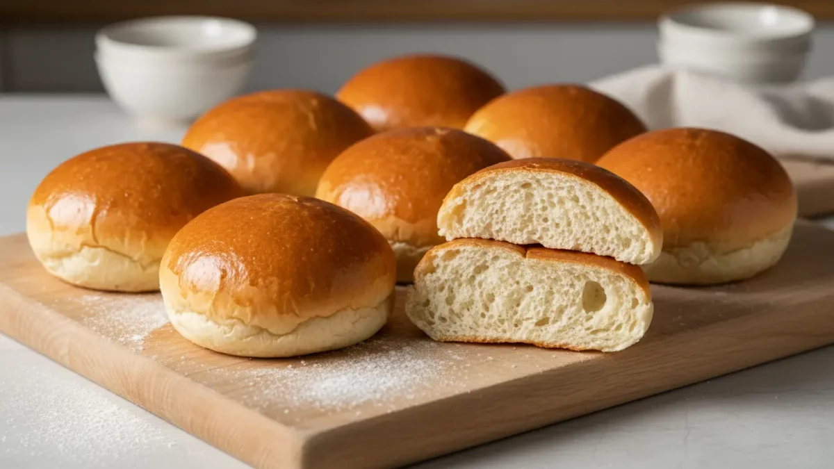 Brötchen auf Schneidebrett, eines aufgeschnitten.