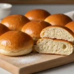Brötchen auf Schneidebrett, eines aufgeschnitten.