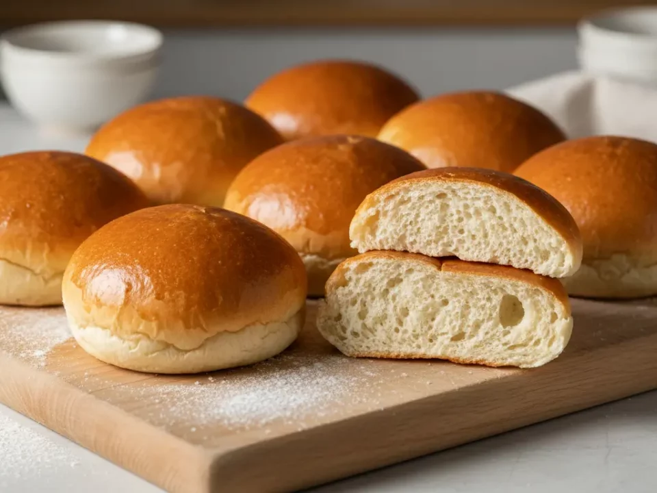 Brötchen auf Schneidebrett, eines aufgeschnitten.