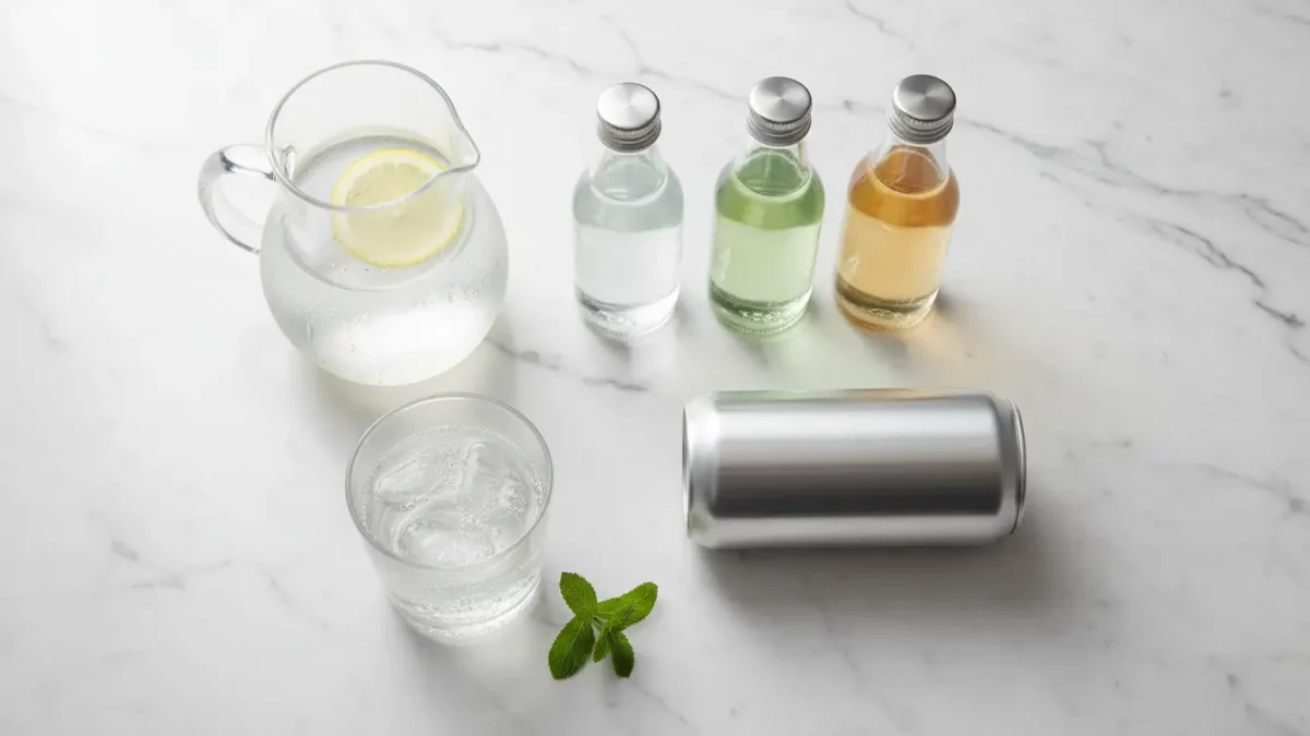 Pitcher and glass with lemon water, mint, and bottles.