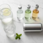 Pitcher and glass with lemon water, mint, and bottles.